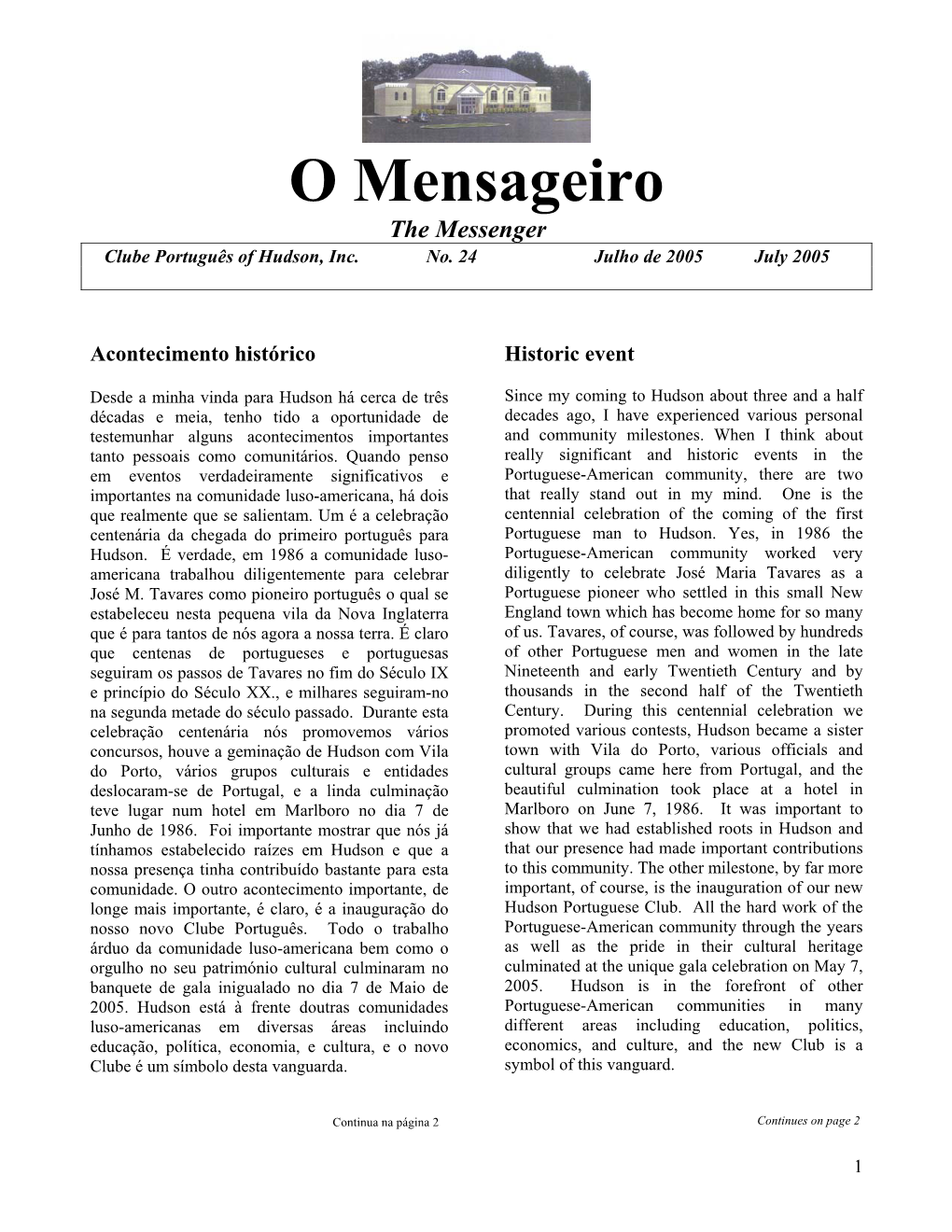 O Mensageiro the Messenger Clube Português of Hudson, Inc