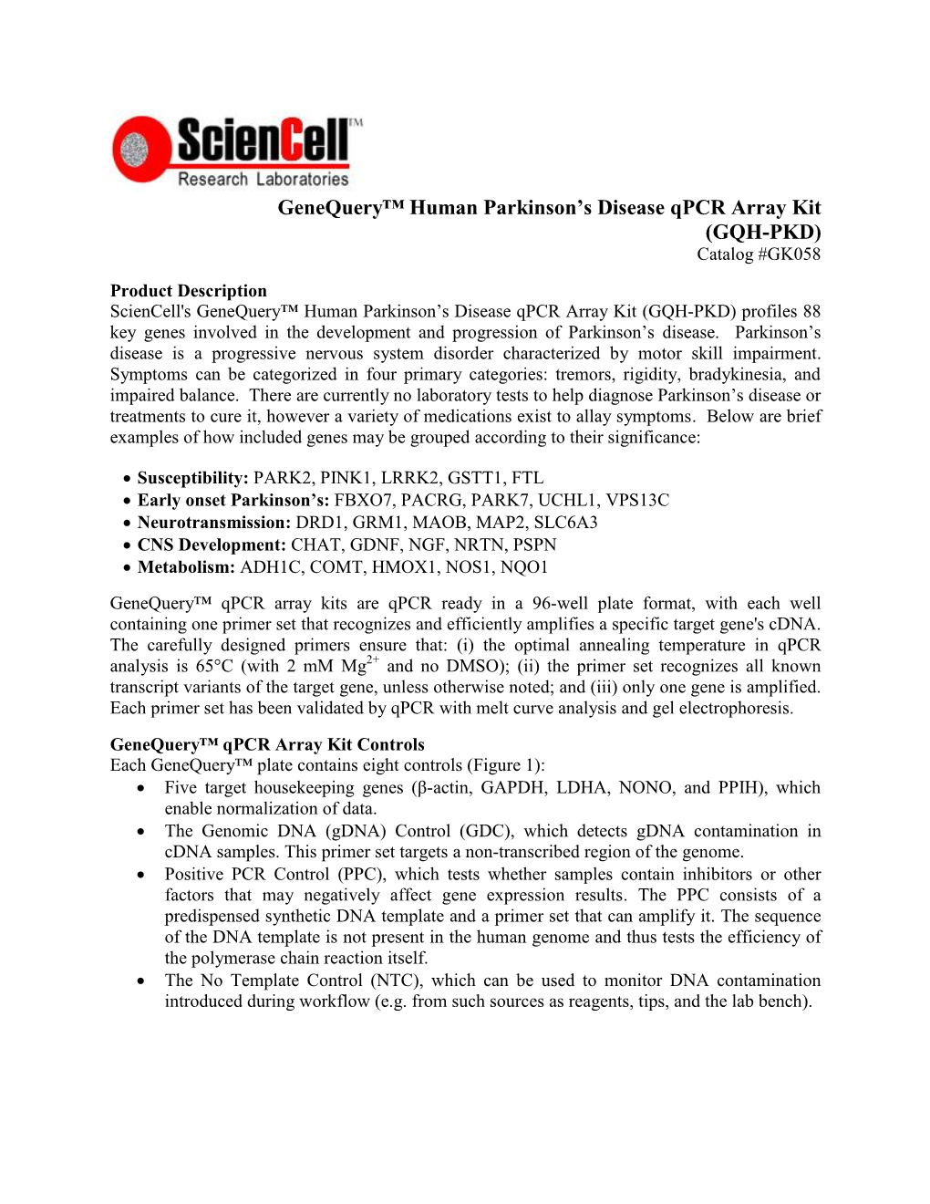 Genequery™ Human Parkinson's Disease Qpcr Array Kit (GQH-PKD)