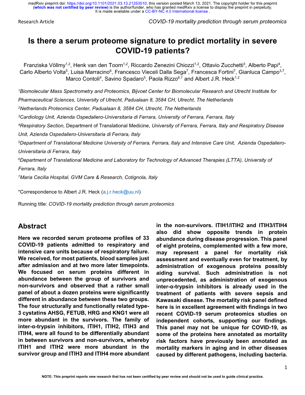 Is There a Serum Proteome Signature to Predict Mortality in Severe COVID-19 Patients?