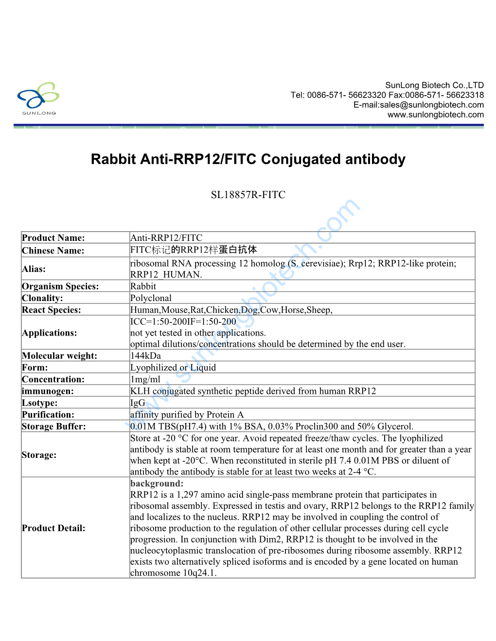 Rabbit Anti-RRP12/FITC Conjugated Antibody