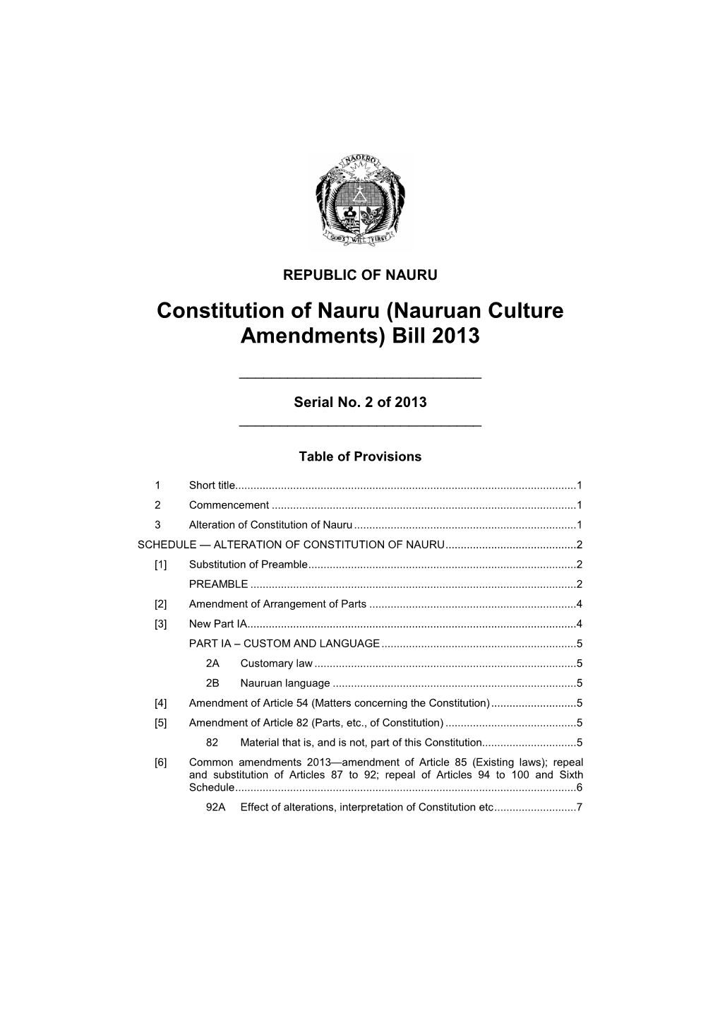 Constitution of Nauru (Nauruan Culture Amendments) Bill 2013