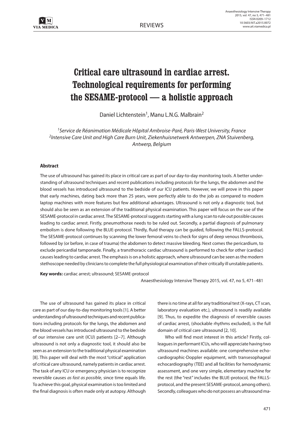 Critical Care Ultrasound in Cardiac Arrest. Technological Requirements for Performing the SESAME-Protocol — a Holistic Approach