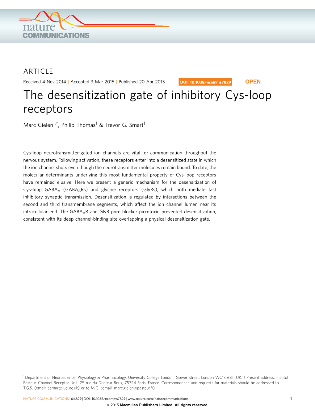 The Desensitization Gate of Inhibitory Cys-Loop Receptors