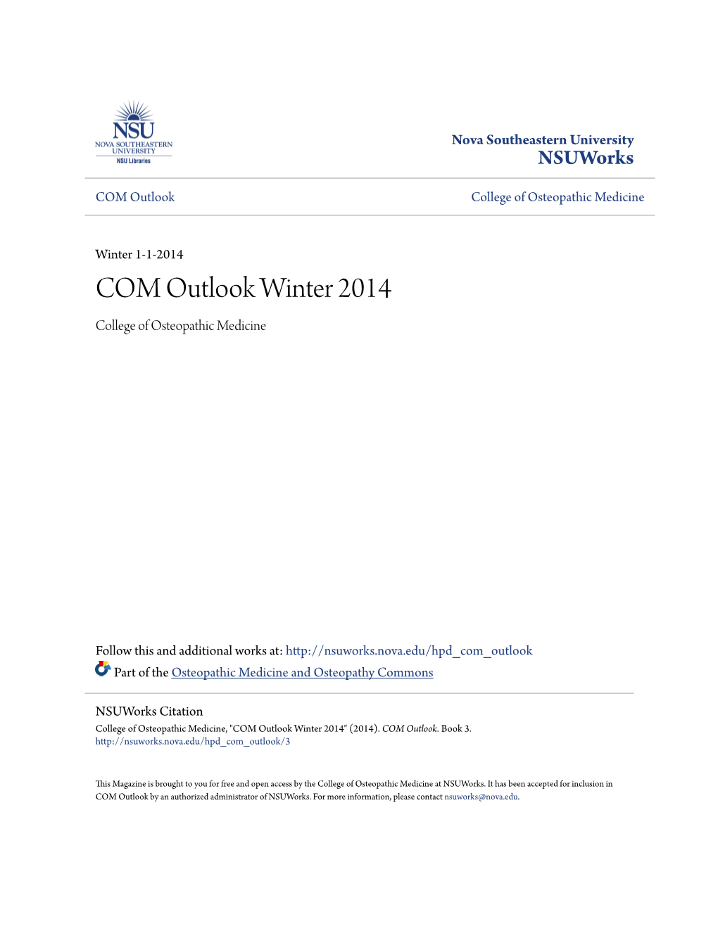 COM Outlook Winter 2014 College of Osteopathic Medicine