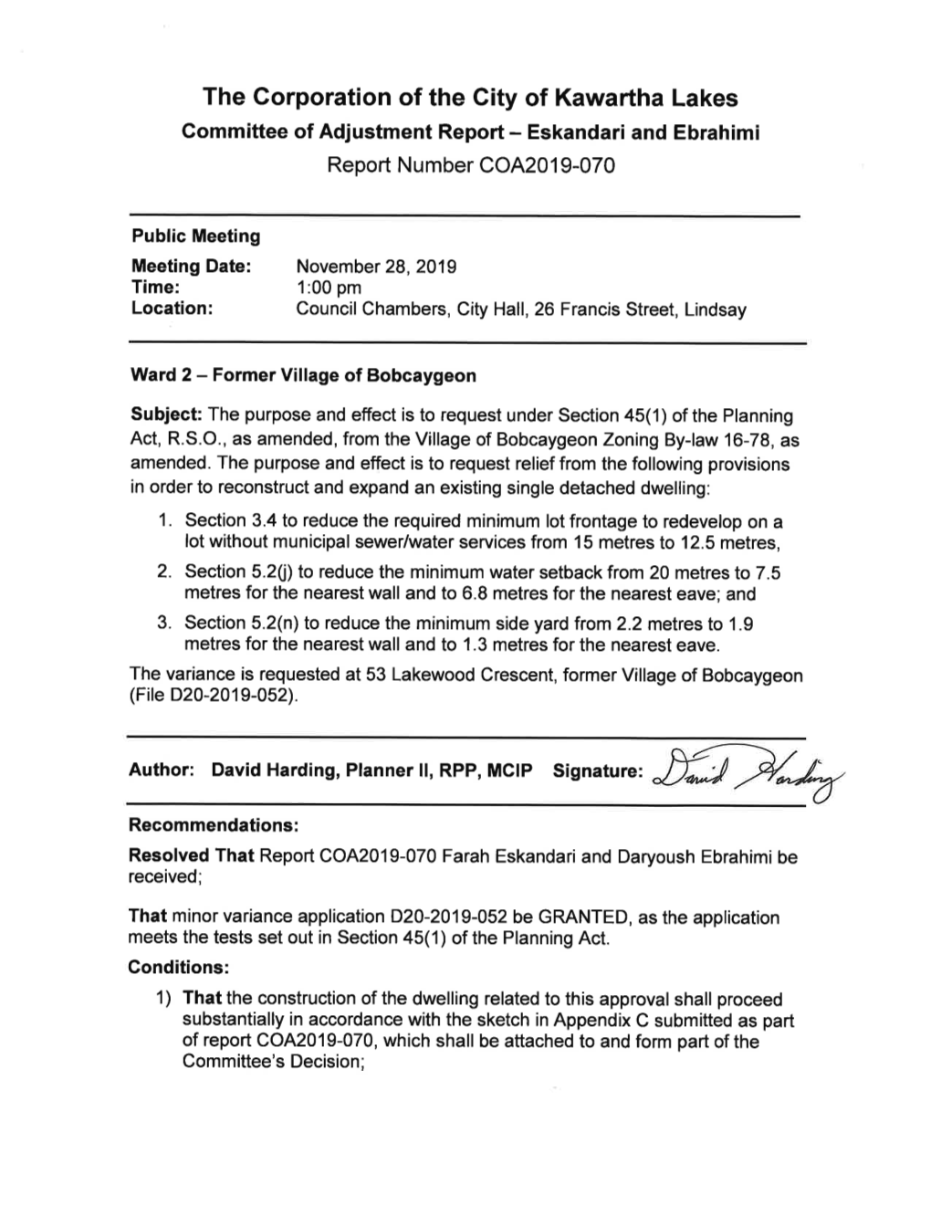 The Corporation of the City of Kawartha Lakes Gommittee of Adjustment Report - Eskandari and Ebrahimi Report Number COA20 1 9-070