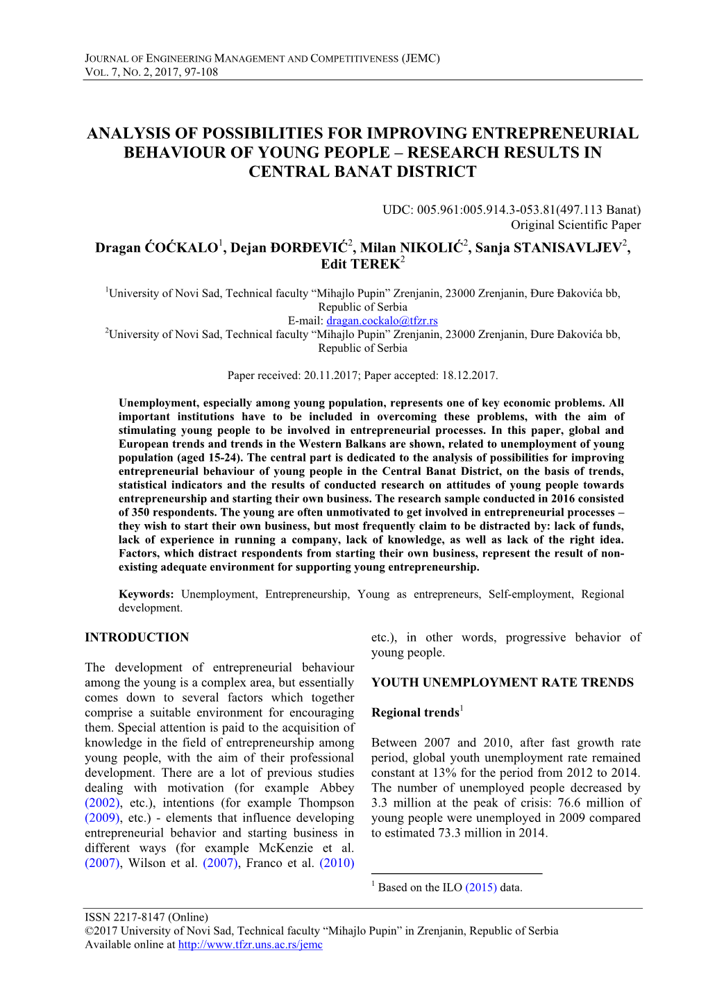 Analysis of Possibilities for Improving Entrepreneurial Behaviour of Young People – Research Results in Central Banat District