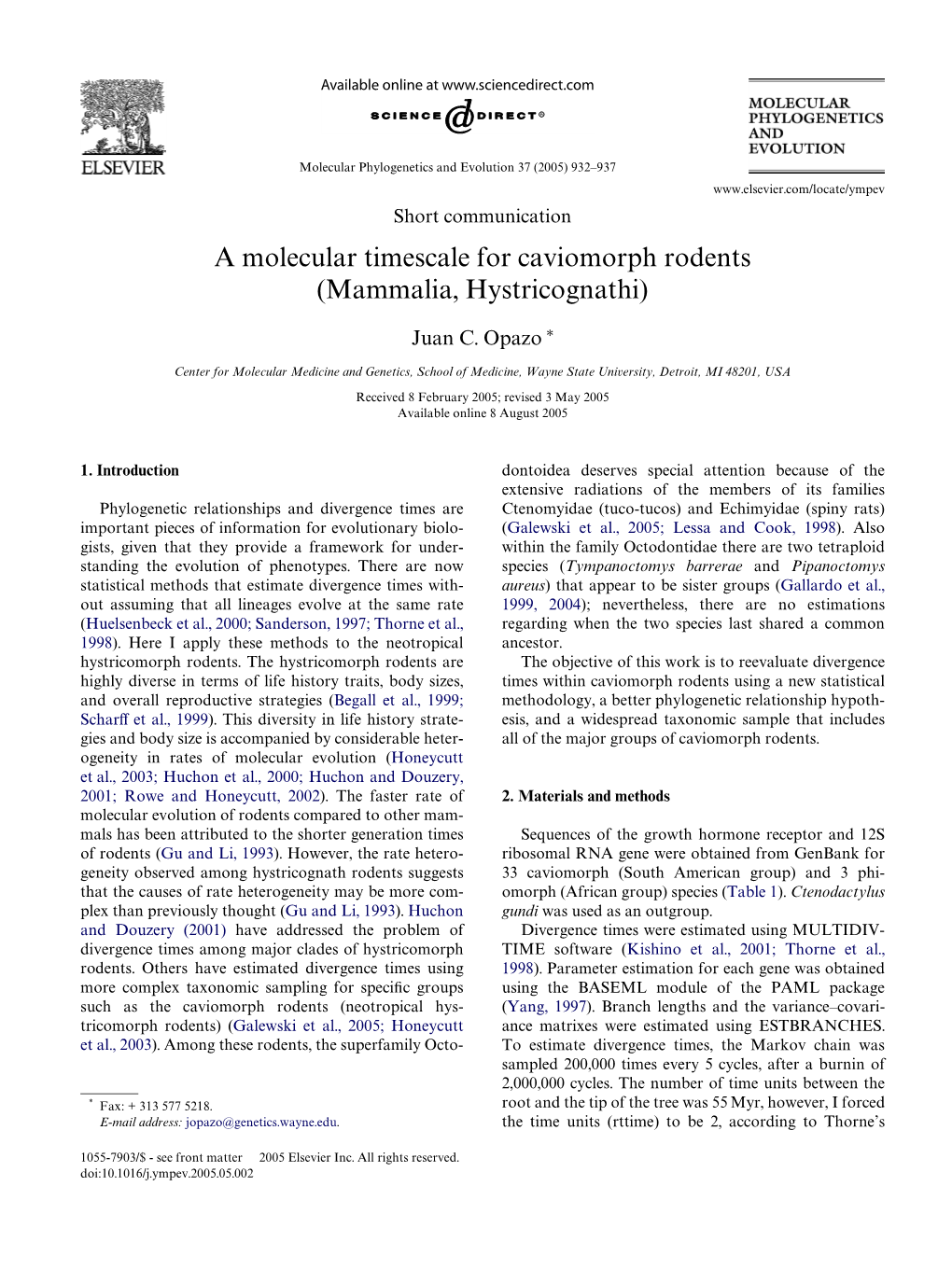 A Molecular Timescale for Caviomorph Rodents (Mammalia, Hystricognathi)