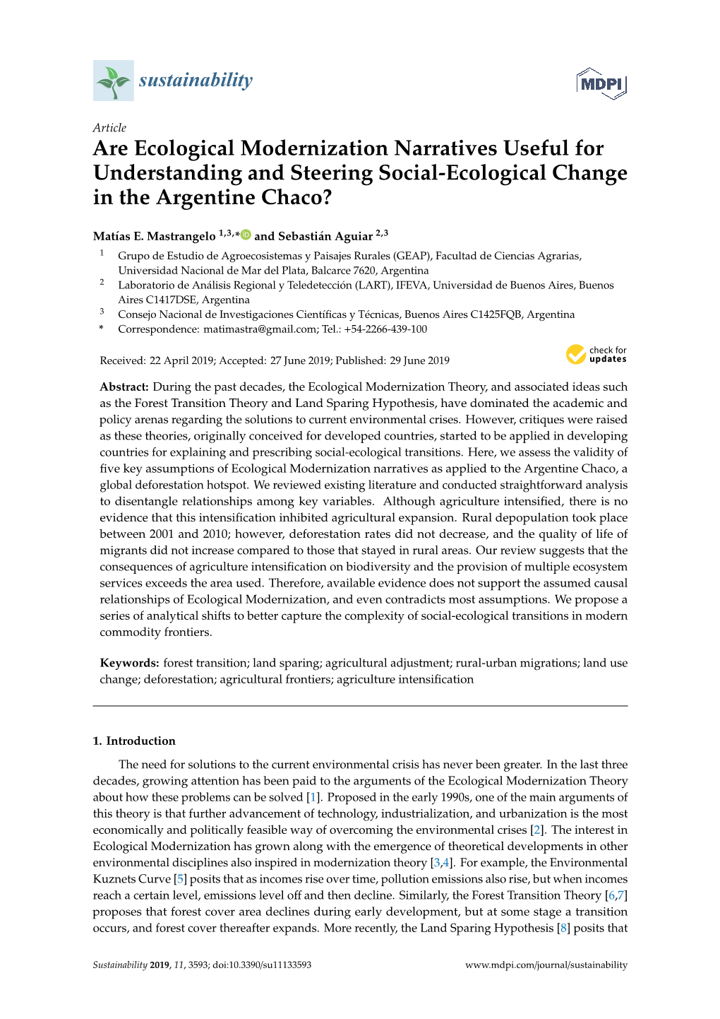 Are Ecological Modernization Narratives Useful for Understanding and Steering Social-Ecological Change in the Argentine Chaco?