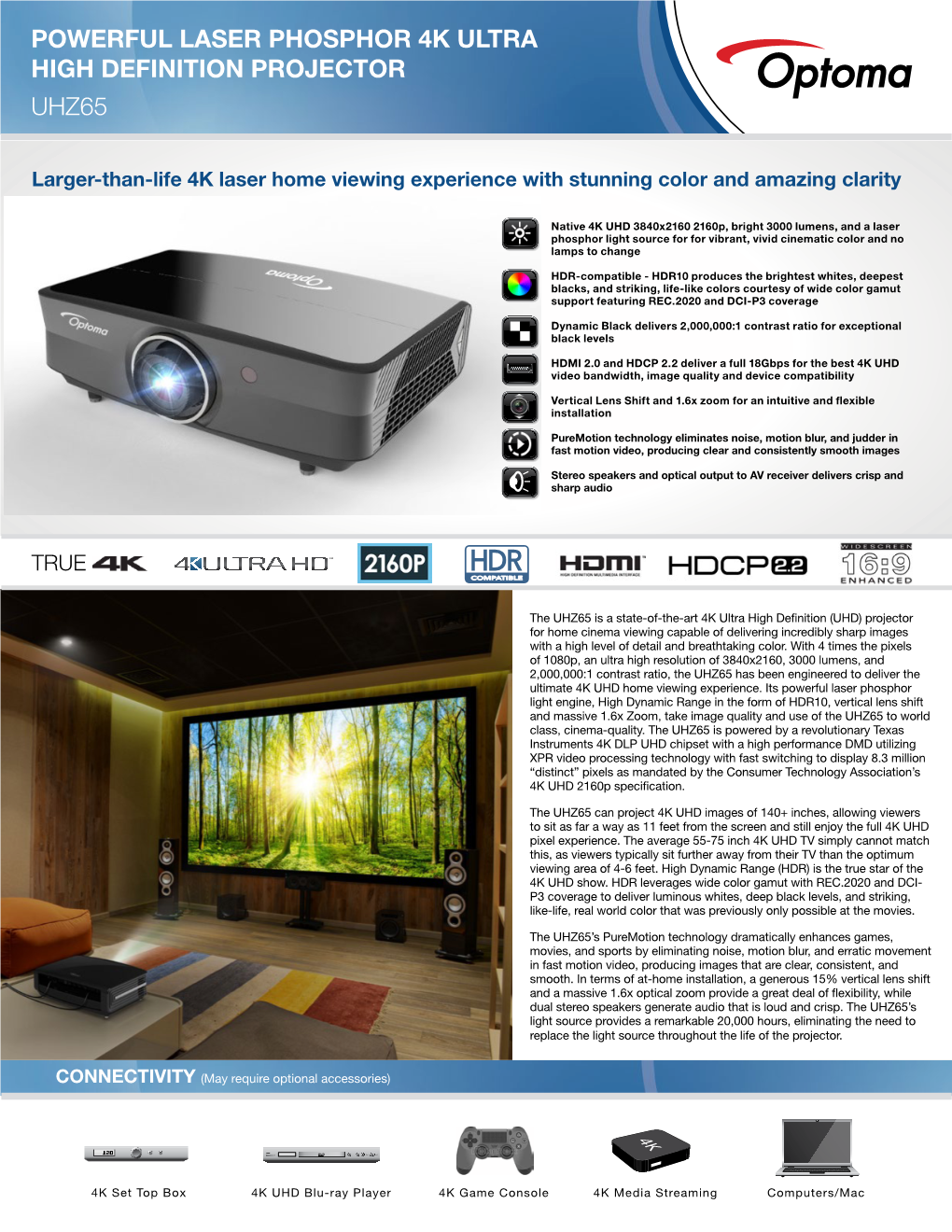 Powerful Laser Phosphor 4K Ultra High Definition Projector Uhz65