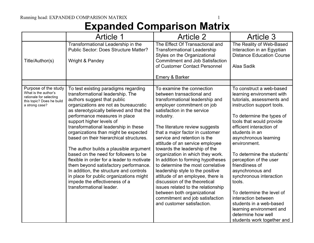 Expanded Comparison Matrix Example