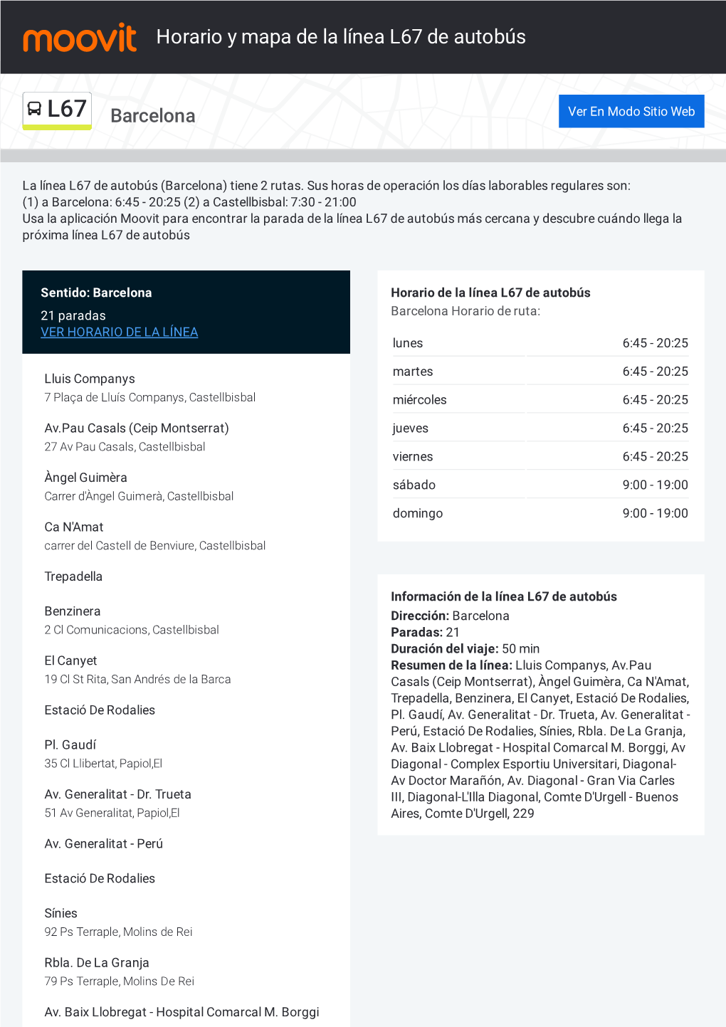 Horario Y Mapa De La Ruta L67 De Autobús