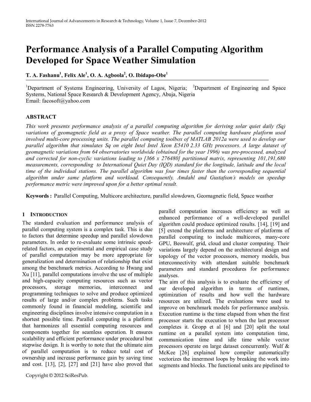Performance Analysis of a Parallel Computing Algorithm Developed for Space Weather Simulation