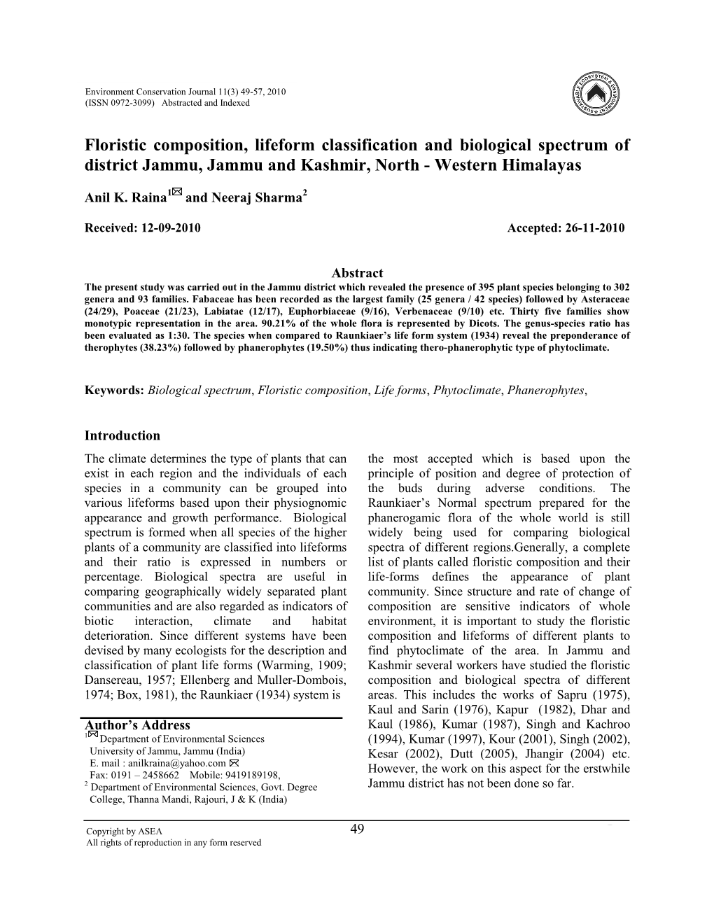 Floristic Composition, Lifeform Classification and Biological Spectrum of District Jammu, Jammu and Kashmir, North - Western Himalayas