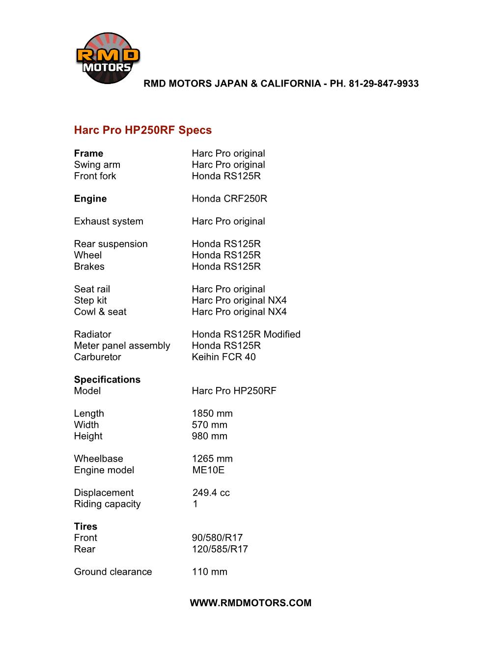 Harc Pro HP250RF Specs