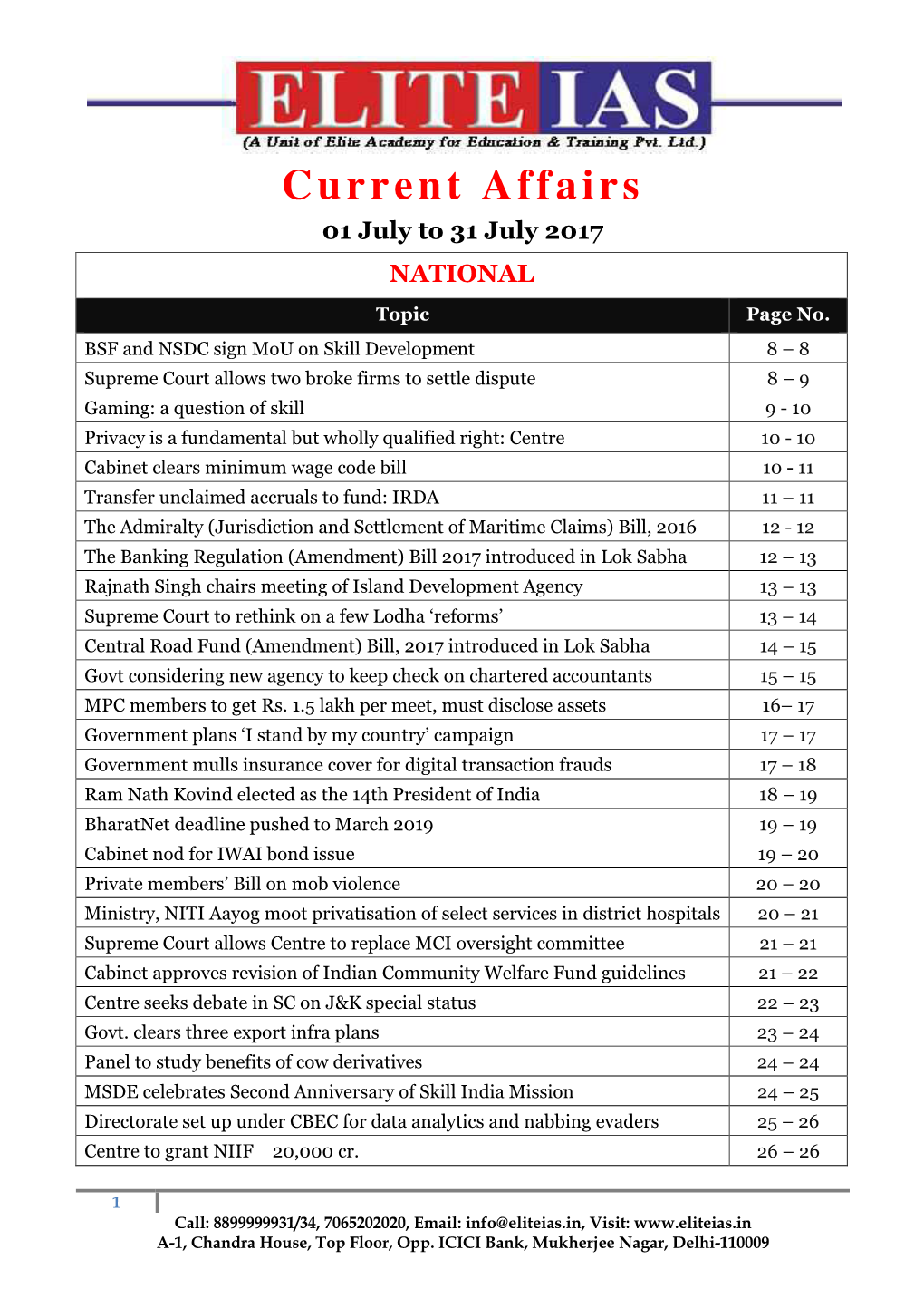 Current Affairs 01 July to 31 July 2017 NATIONAL Topic Page No