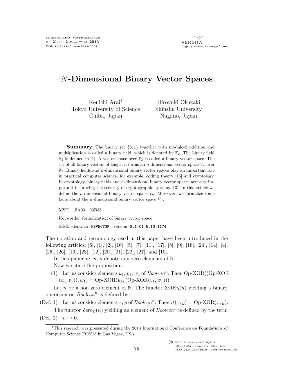 N-Dimensional Binary Vector Spaces