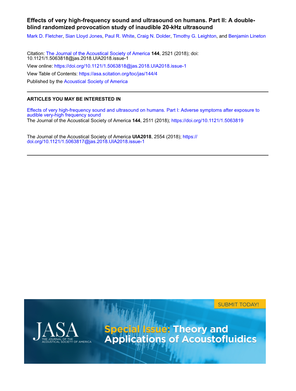 Effects of Very High-Frequency Sound and Ultrasound on Humans. Part II: a Double- Blind Randomized Provocation Study of Inaudible 20-Khz Ultrasound Mark D