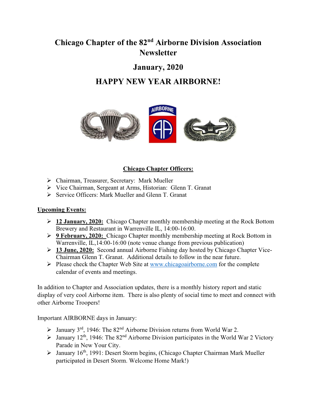 Chicago Chapter of the 82Nd Airborne Division Association Newsletter January, 2020 HAPPY NEW YEAR AIRBORNE!