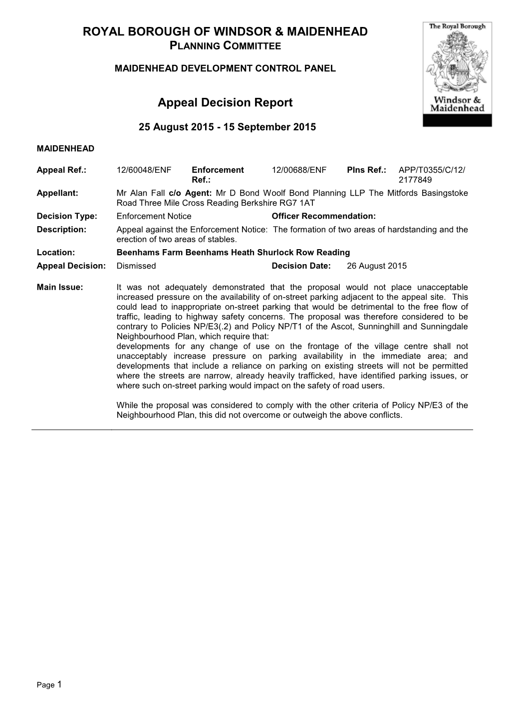 ROYAL BOROUGH of WINDSOR & MAIDENHEAD Appeal Decision Report