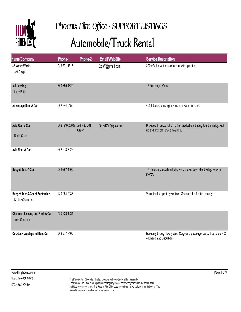 Phoenix Film Office - SUPPORT LISTINGS Automobile/Truck Rental