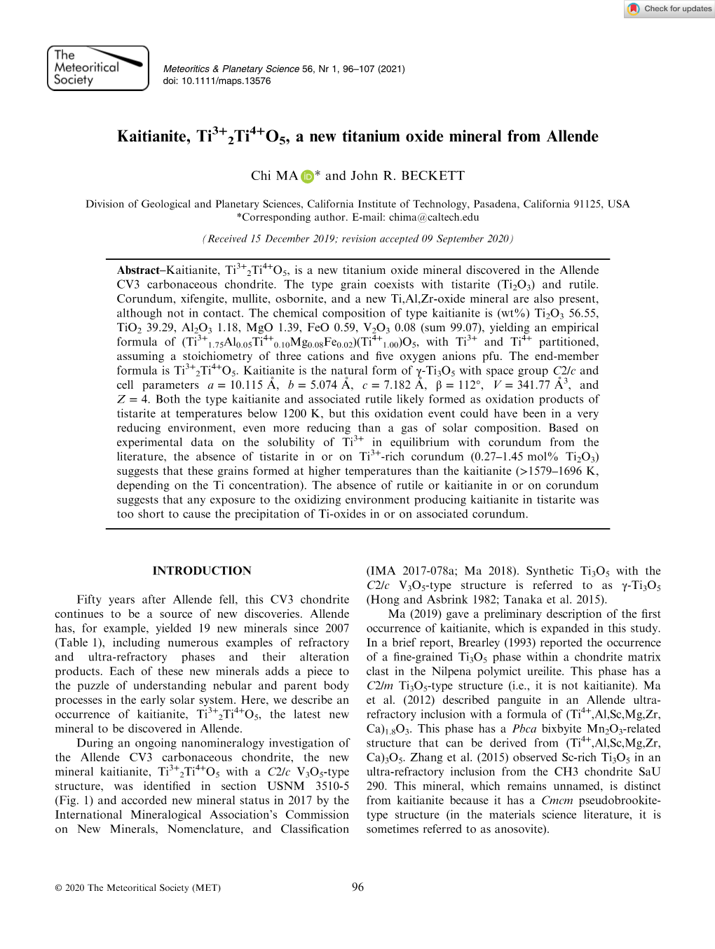 Kaitianite, Ti3+2Ti4+O5, a New Titanium Oxide Mineral from Allende