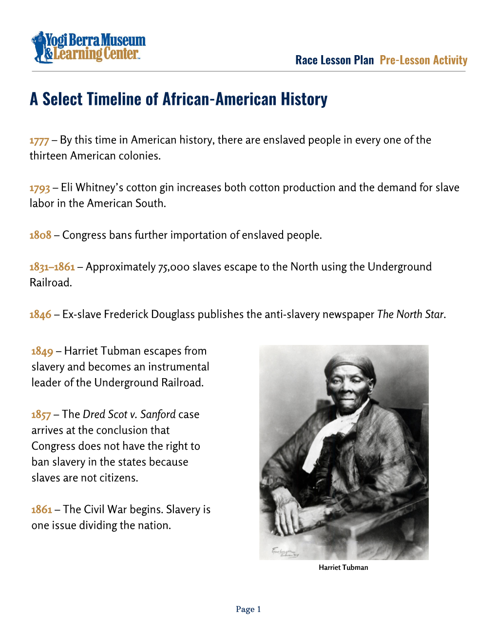 Pre-Lesson Activity: a Select Timeline of African-American History