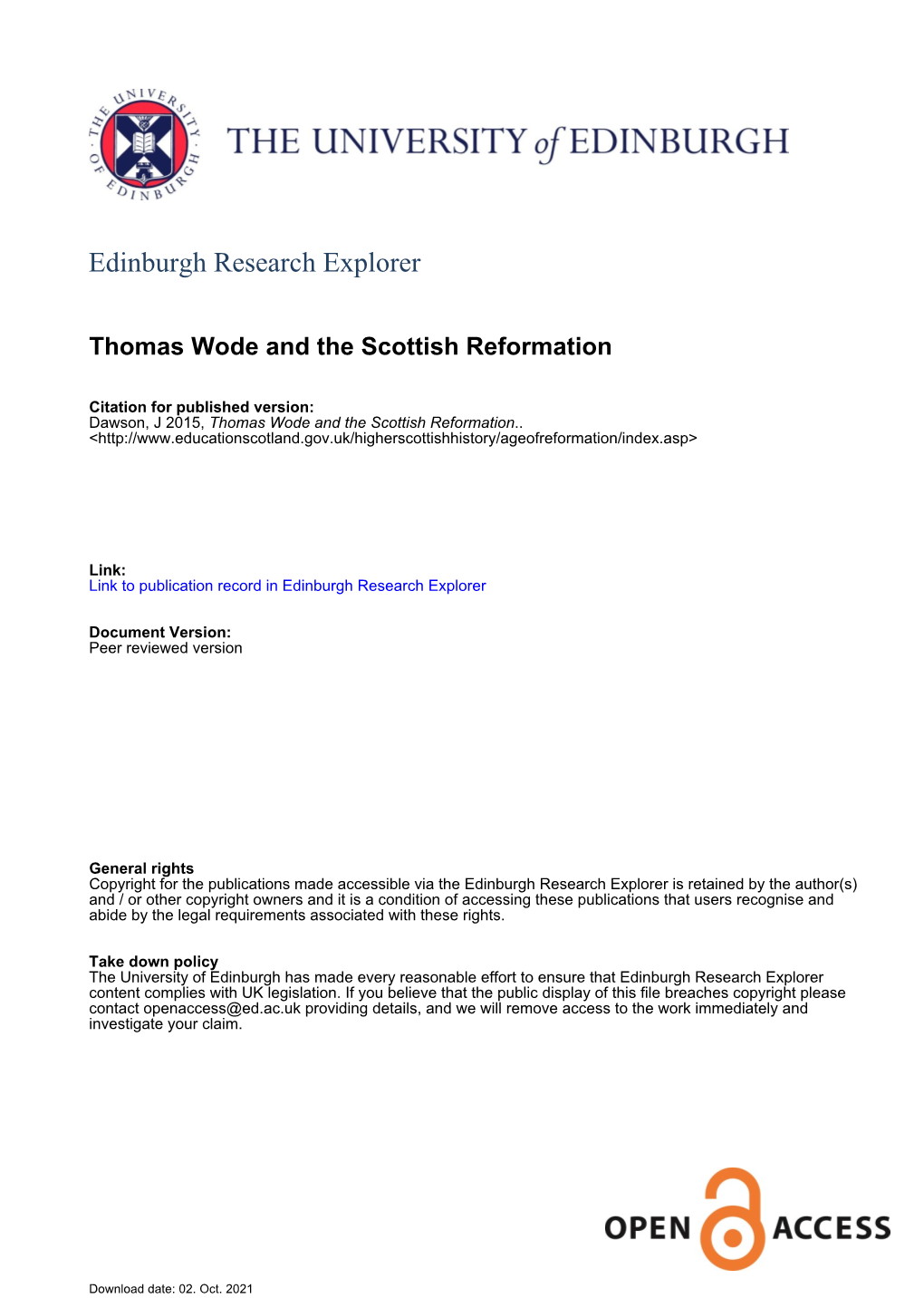 Thomas Wode and the Scottish Reformation