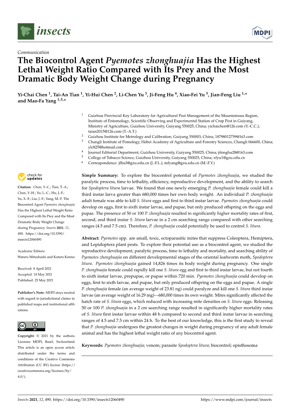 The Biocontrol Agent Pyemotes Zhonghuajia Has the Highest Lethal Weight Ratio Compared with Its Prey and the Most Dramatic Body Weight Change During Pregnancy