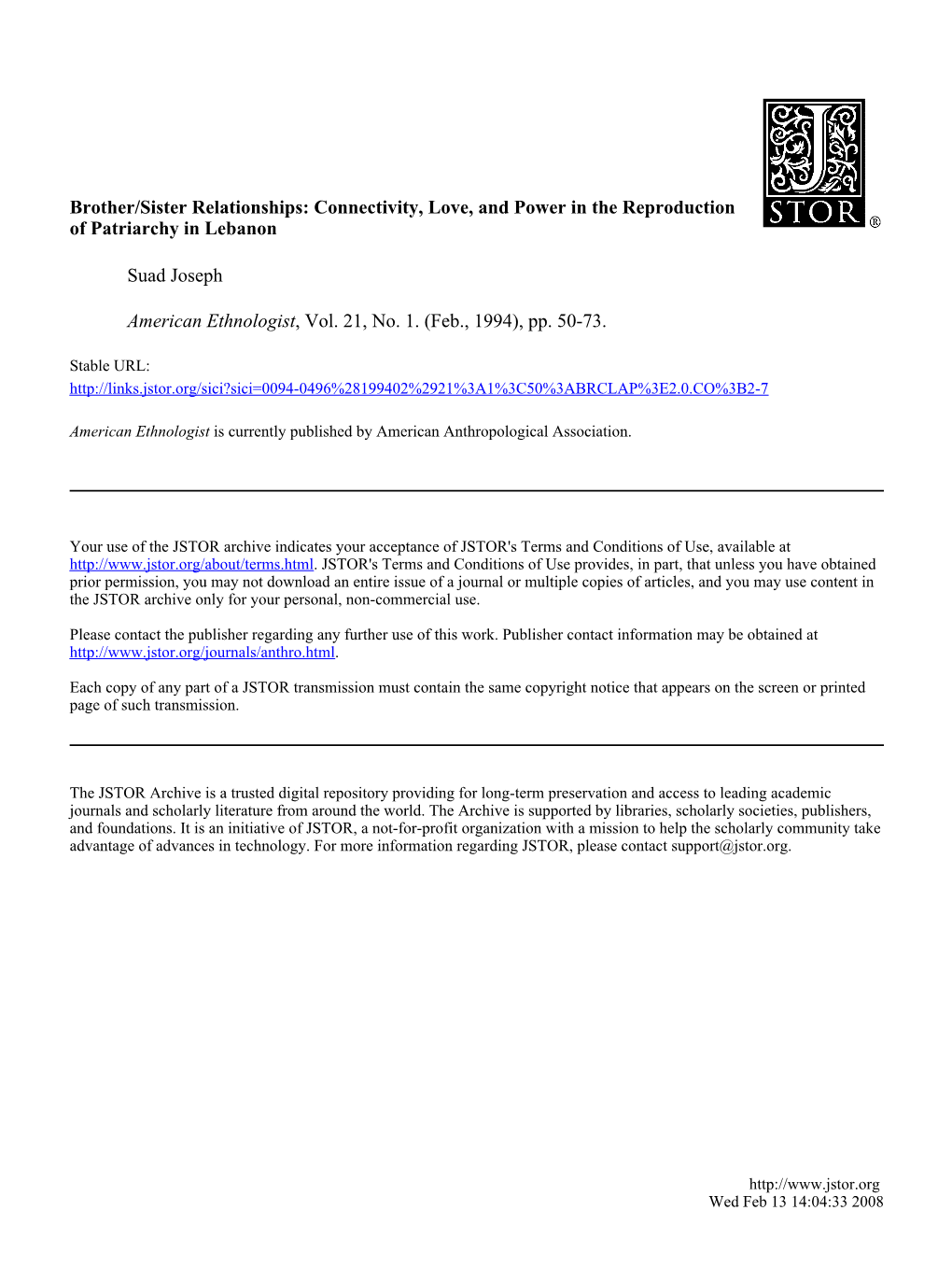 Brother/Sister Relationships: Connectivity, Love, and Power in the Reproduction of Patriarchy in Lebanon