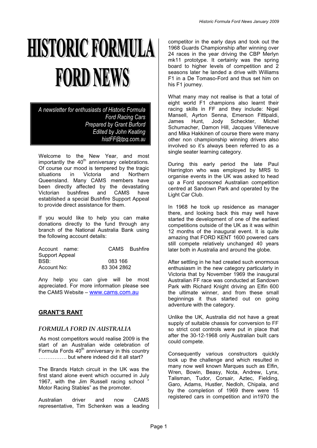 A Newsletter for Enthusiasts of Historic Formula Ford Racing Cars