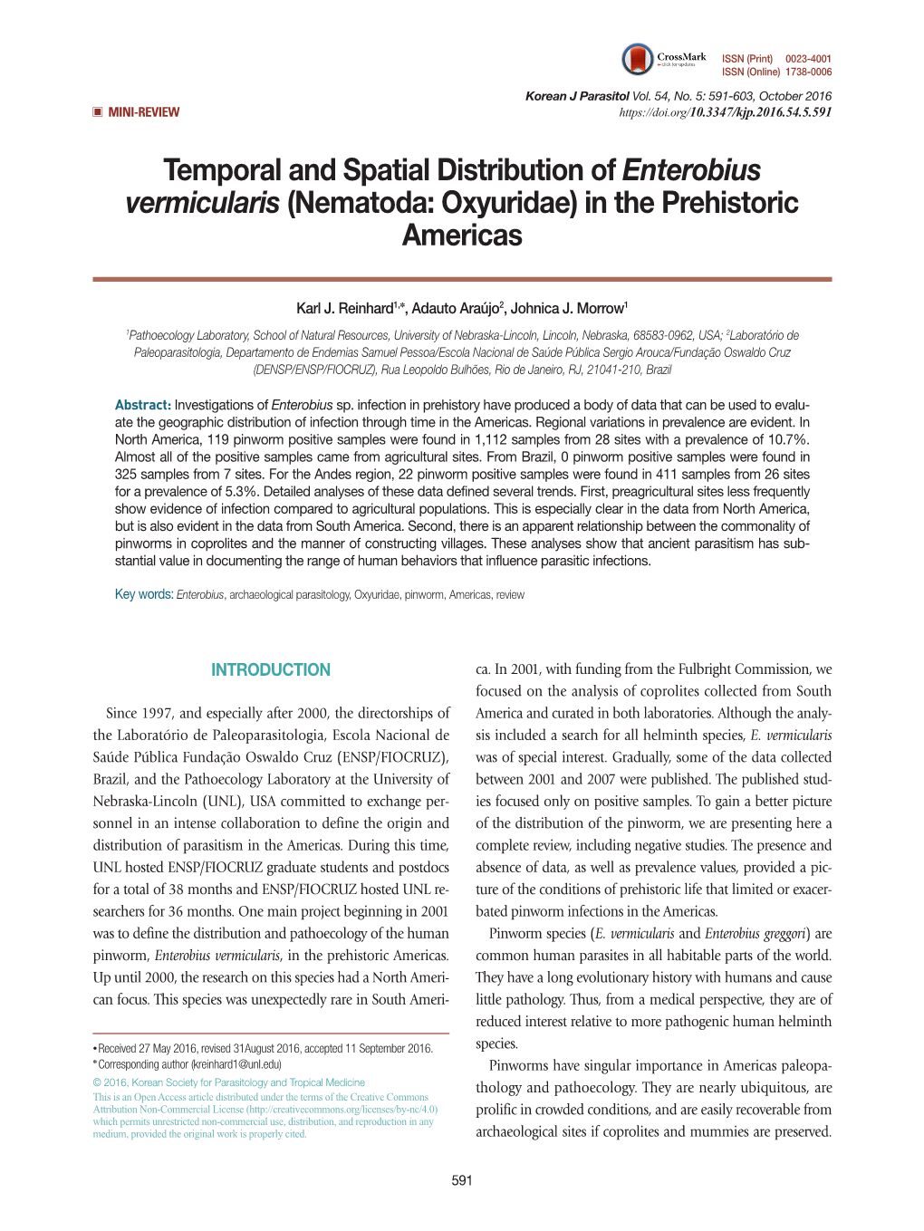 Enterobius Vermicularis (Nematoda: Oxyuridae) in the Prehistoric Americas