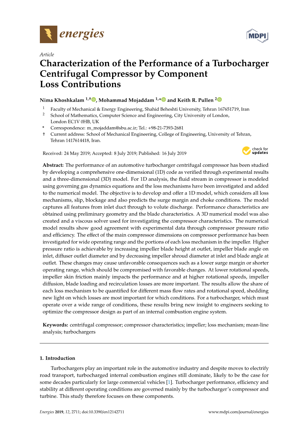 Characterization of the Performance of a Turbocharger Centrifugal Compressor by Component Loss Contributions