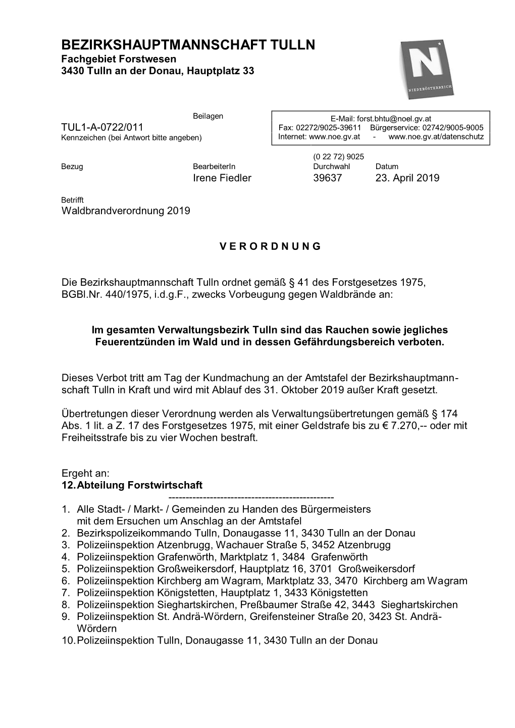 BEZIRKSHAUPTMANNSCHAFT TULLN Fachgebiet Forstwesen 3430 Tulln an Der Donau, Hauptplatz 33