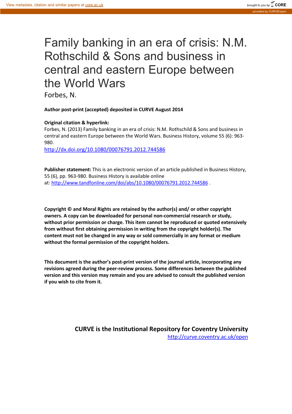 Family Banking in an Era of Crisis: N.M. Rothschild & Sons and Business in Central and Eastern Europe Between the World Wars