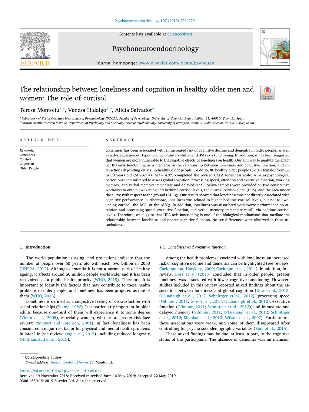 The Relationship Between Loneliness and Cognition in Healthy Older Men and Women the Role of Cortisol