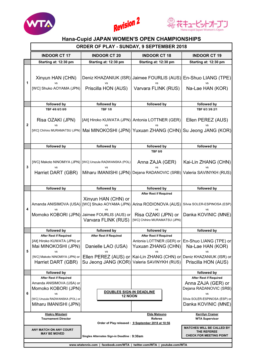 Hana-Cupid JAPAN WOMEN's OPEN CHAMPIONSHIPS ORDER of PLAY - SUNDAY, 9 SEPTEMBER 2018