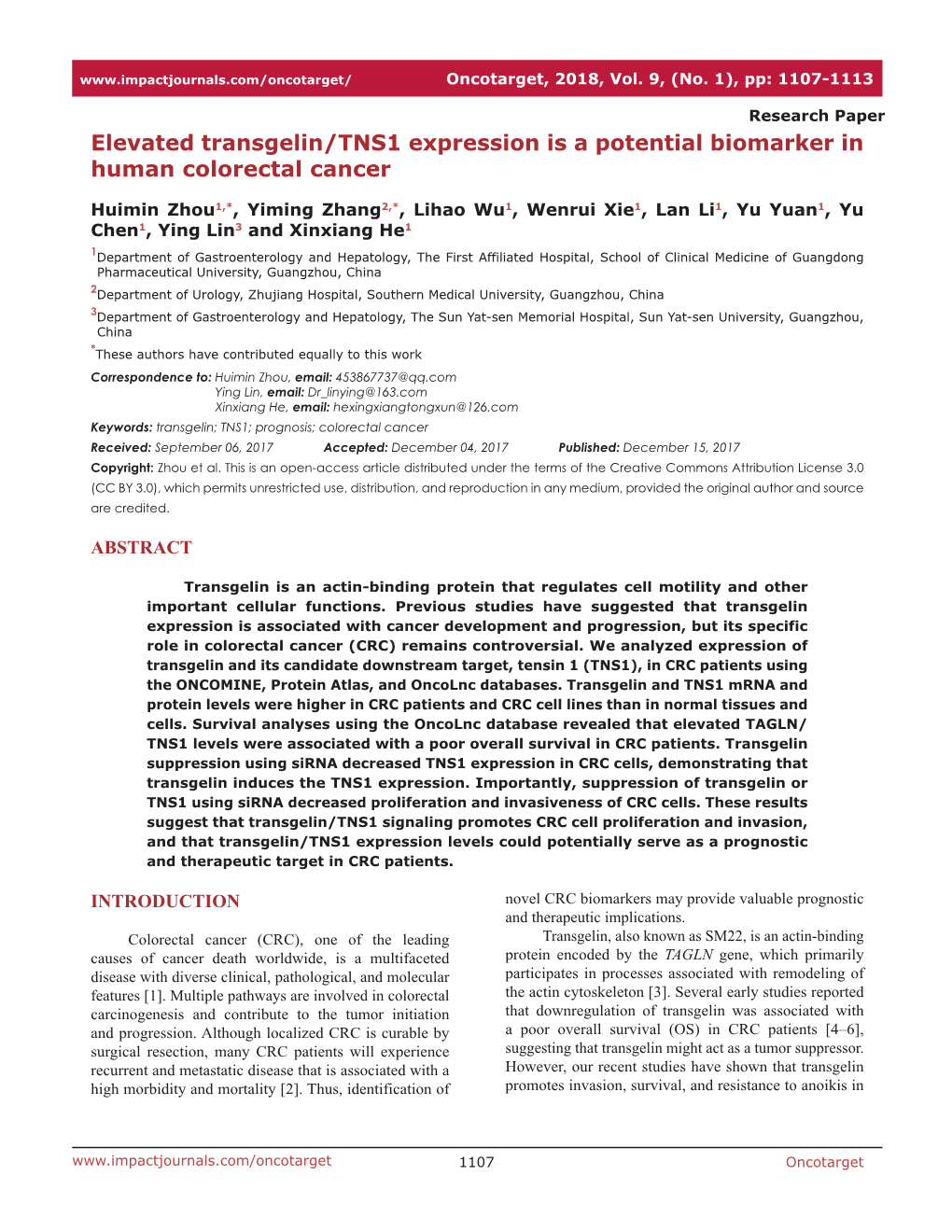 Elevated Transgelin/TNS1 Expression Is a Potential Biomarker in Human Colorectal Cancer