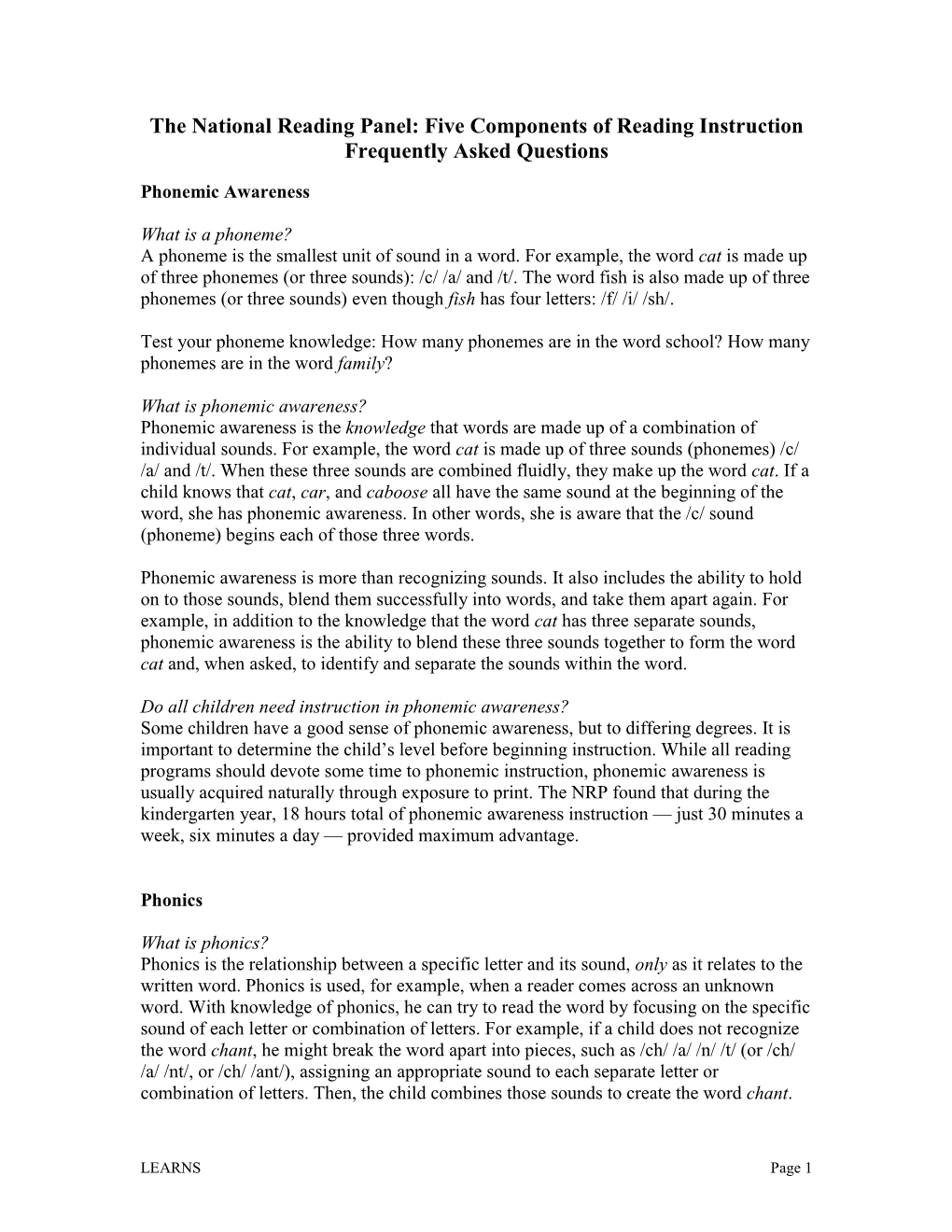 The National Reading Panel: Five Components of Reading Instruction Frequently Asked Questions