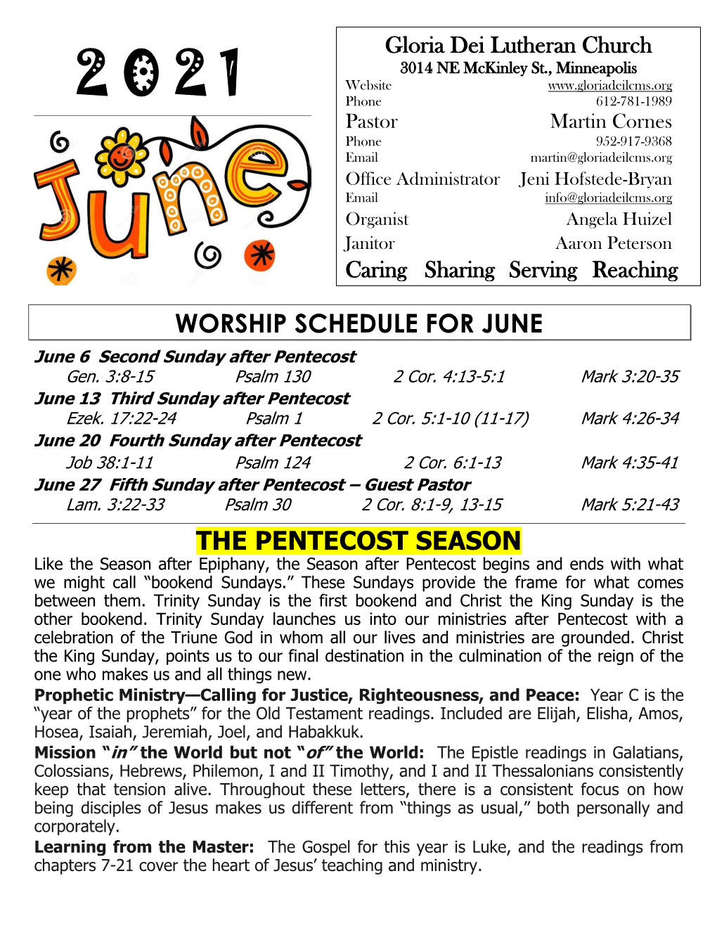 Worship Schedule for June the Pentecost Season