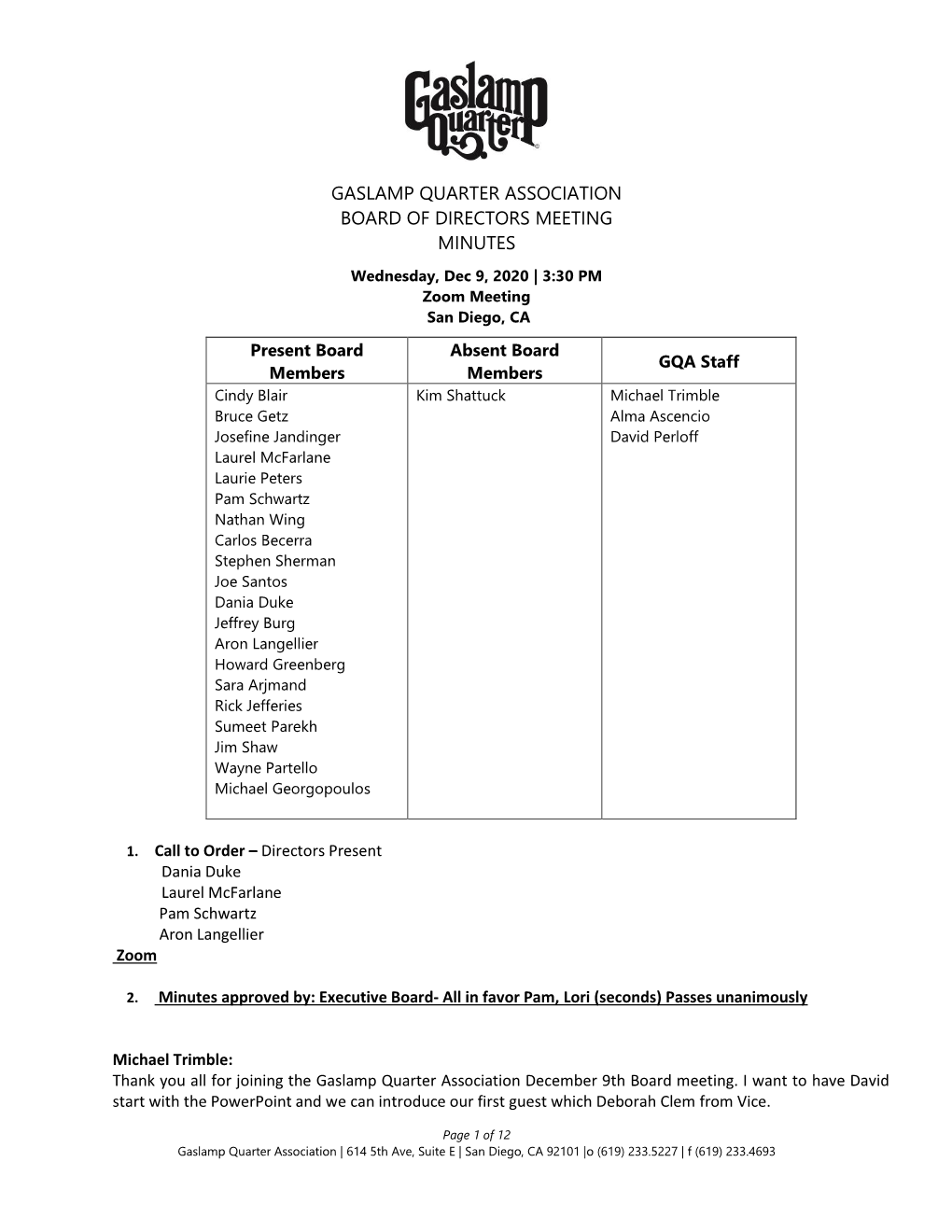 Gaslamp Quarter Association Board of Directors Meeting Minutes