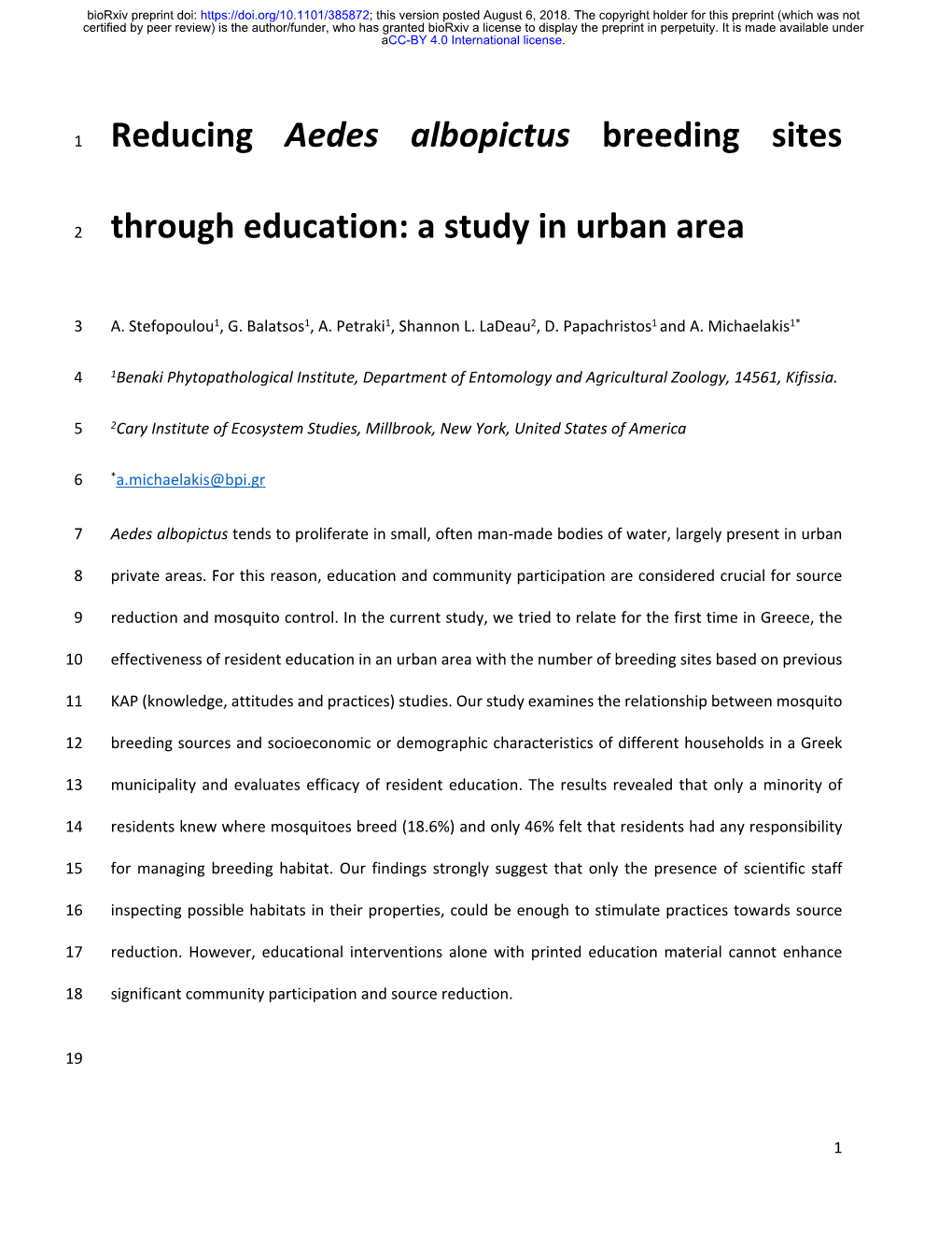 Reducing Aedes Albopictus Breeding Sites Through Education