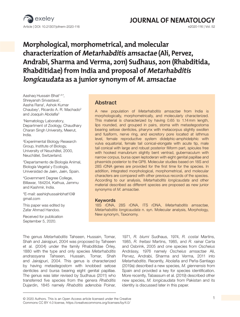 JOURNAL of NEMATOLOGY Morphological, Morphometrical, and Molecular Characterization of Metarhabditis Amsactae