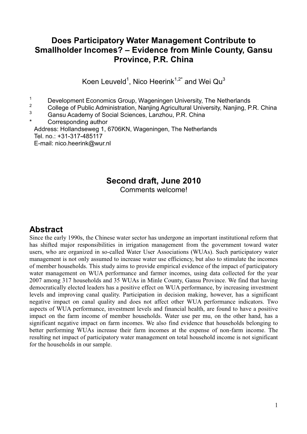 Does Participatory Water Management Contribute to Smallholder Incomes? – Evidence from Minle County, Gansu Province, P.R