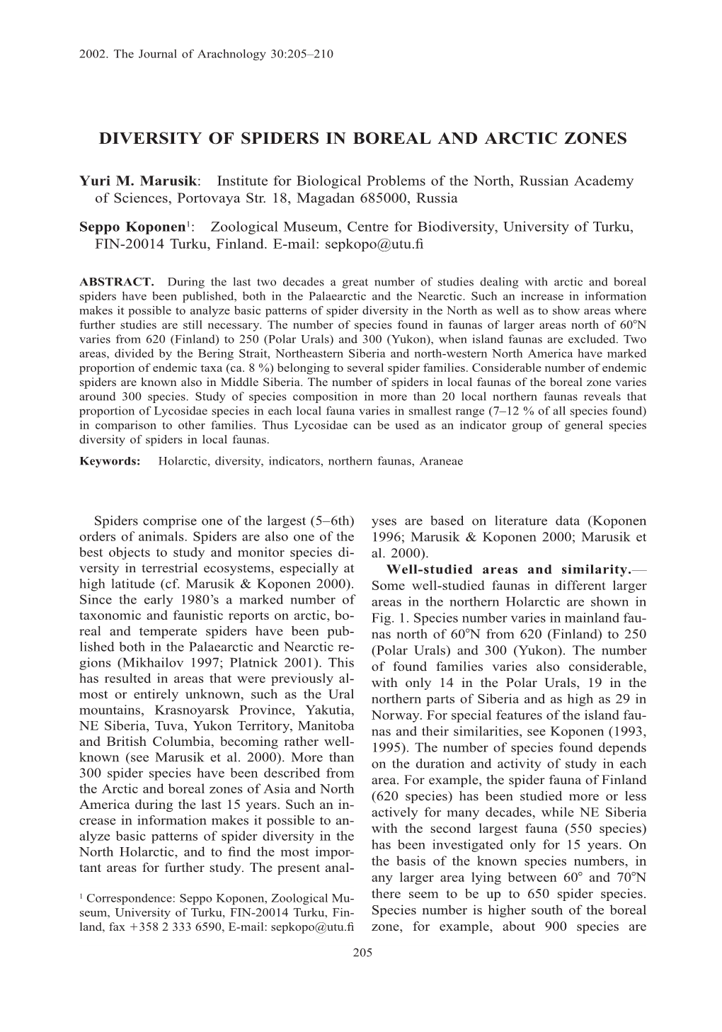 Diversity of Spiders in Boreal and Arctic Zones