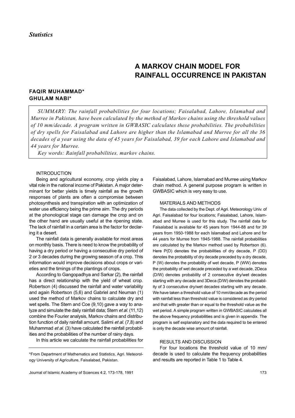 A Markov Chain Model for Rainfall Occurrence in Pakistan