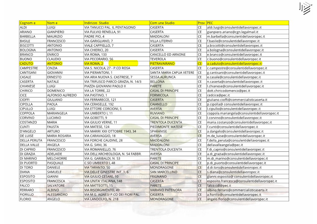 Cognom E Nom E Indirizzo Studio Com Une Studio Prov PEC ALDI