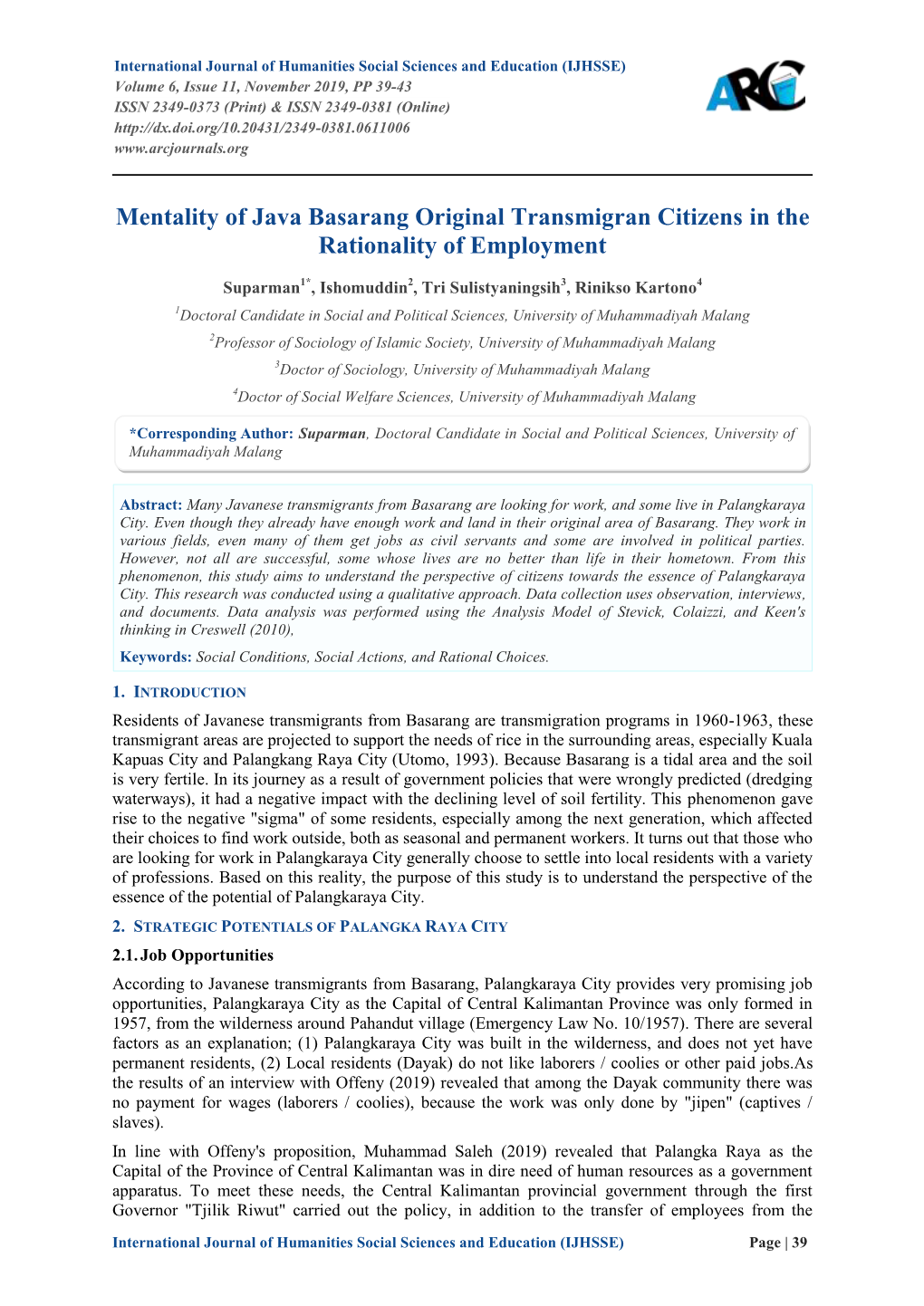 Mentality of Java Basarang Original Transmigran Citizens in the Rationality of Employment