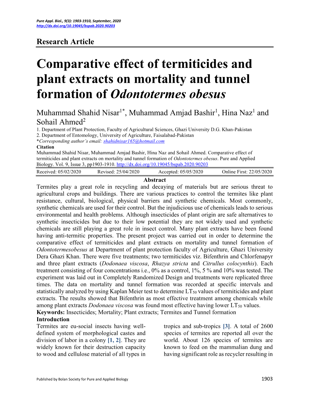 Comparative Effect of Termiticides and Plant Extracts on Mortality and Tunnel Formation of Odontotermes Obesus