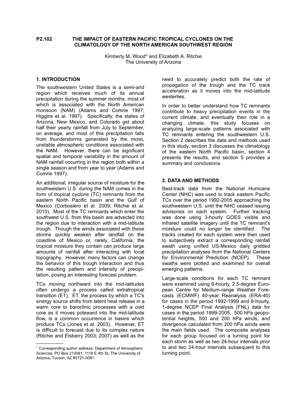 P2.102 the Impact of Eastern Pacific Tropical Cyclones on the Climatology of the North American Southwest Region