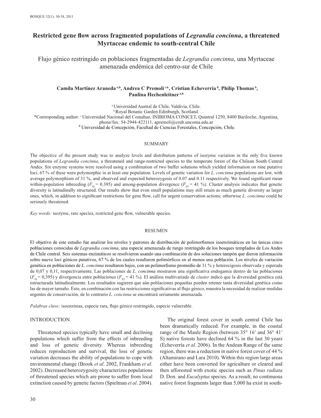 Restricted Gene Flow Across Fragmented Populations of Legrandia Concinna, a Threatened Myrtaceae Endemic to South-Central Chile